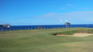 The 14th is a double green with the 12th. The perfect whale viewing spot looking west into the Caribbean Sea.