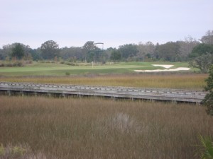 The par-3 ninth hole with a intimidating carry over the marsh.
